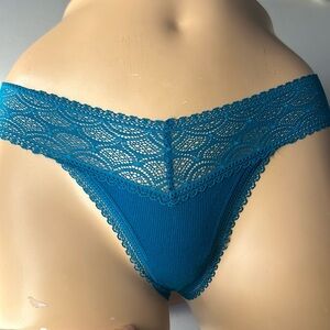 Victoria’s Secret 100% Cotton Teal Lace Waist Ribbed Thong G-String Panties Sz S